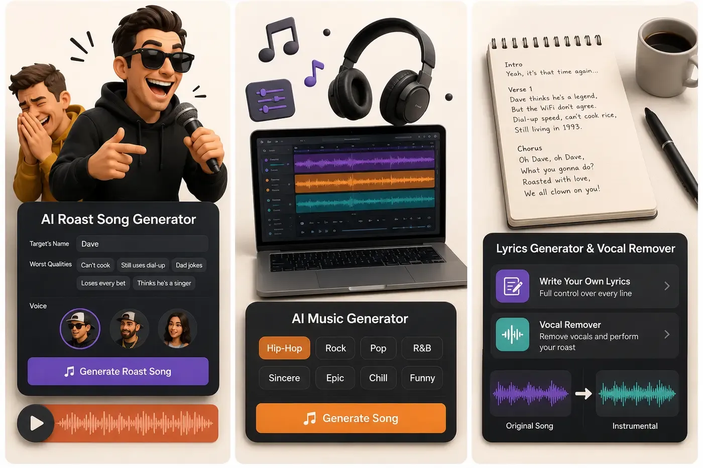 SunoPrompt toolkit showing AI music generator, lyrics generator, and vocal remover alongside the roast song tool